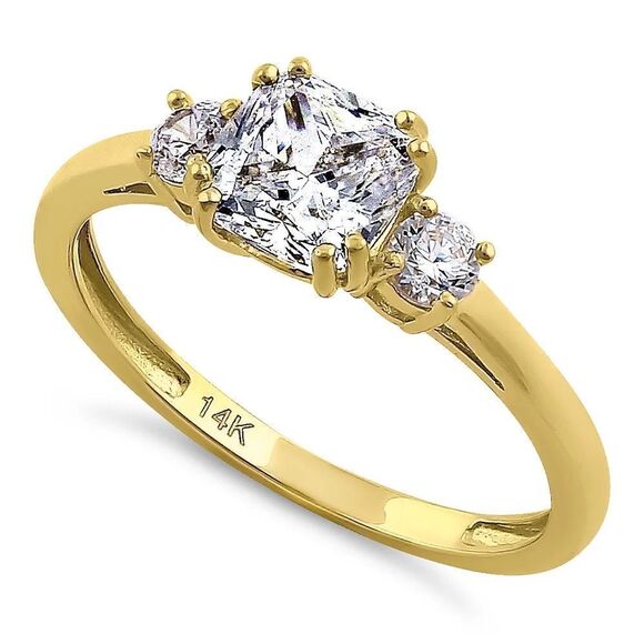 Solid 14K Yellow Gold Cushion Cut Triple CZ Engagement Ring New - Picture 1 of 6
